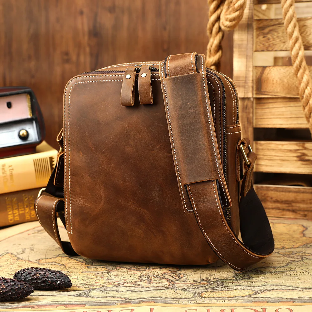 Men's Crazy Horse Leather Sling Bag Genuine Cowhide Small Shoulder Pack Vintage Handmade Crossbody Daypack