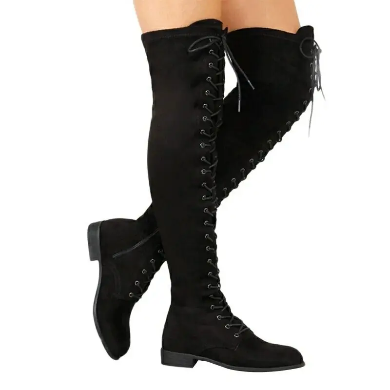 Women Shoes High Quality Cross-tied Over-the-knee High Boots 43 Size British Style Martin Boots Hot Sale Side Zipper Long Boots