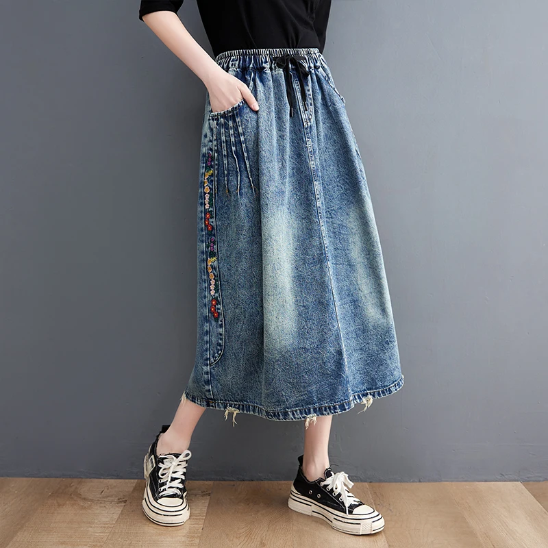 Vintage Embroidery Floral Denim Skirts Women Casual Loose Elastic High Waist A-Line Jeans Midi Skirt Lace-up Jupe Longue Femme