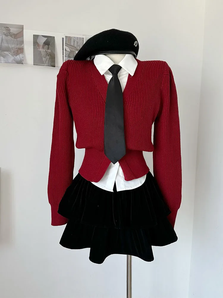 Formal Occasion Outfits 3 Piece Set Blouses + Wrap Hip High Waist Skirts Coquette + Red Knitted Cardigan Autumn Winter Harajuku