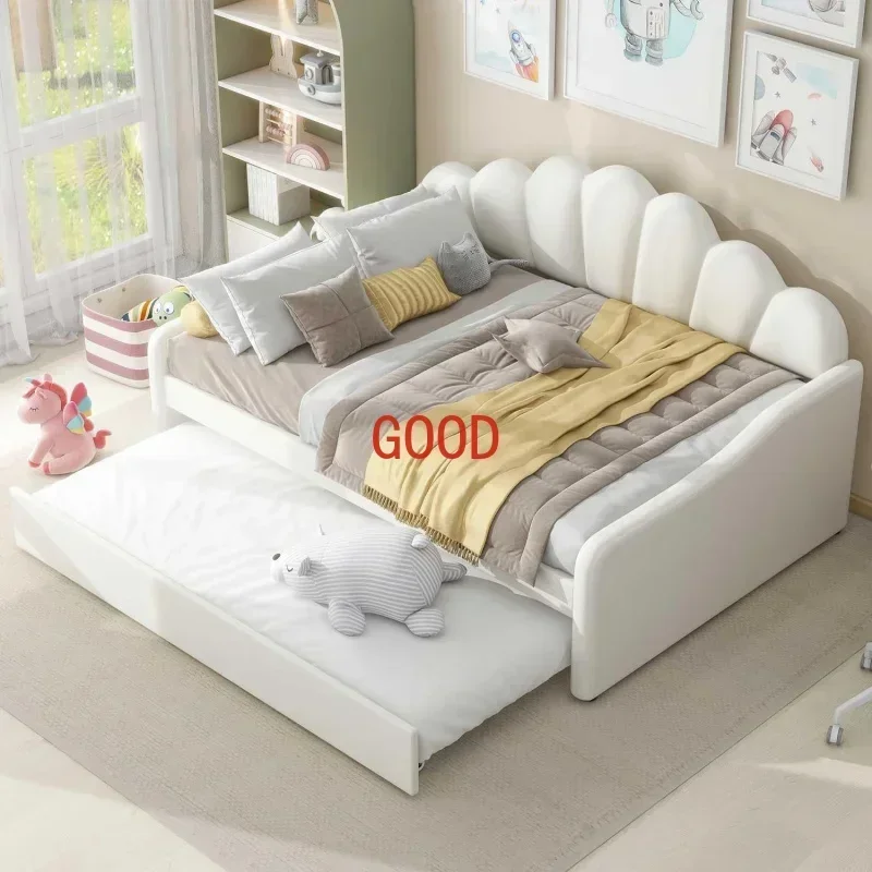 

Upholstery Full Size Daybed with Trundle for Adult/Kid, Solid Wood Bed Frame w/Velvet Shall Shaped Backrest, Wood Slab Support,