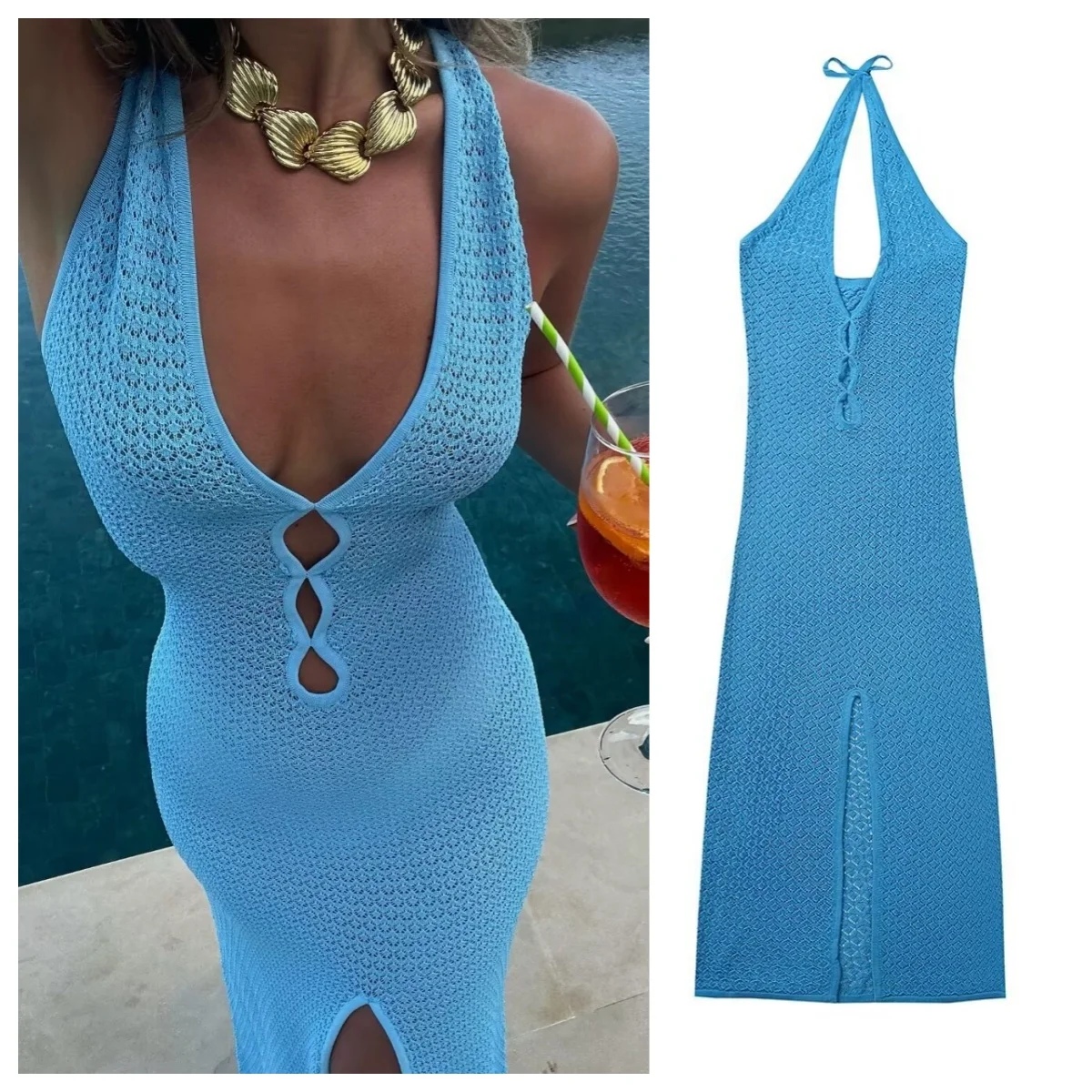 

Sexy Slim Hollow Halter V-Neck Dress Women Fashion High-End Hottie Tight Slit Knit Hip Dress