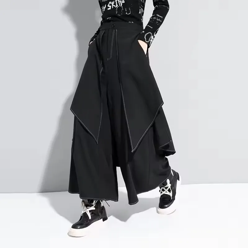 Koreanische Frau Schwarz Unregelmäßige Hosen 2025, Neue Lose Falsche Zwei-stück Breite Beine Hosen Damen Casual Streetwear Harajuku Hosen