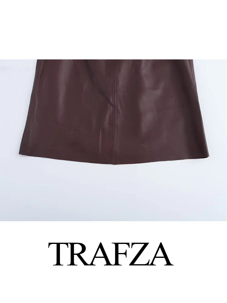 TRAFZA Woman Summer Fashion Suits Solid O-Neck Sleeveless Leather Simple Top+High Waist Elastic Side Zipper Shorts Female Sets