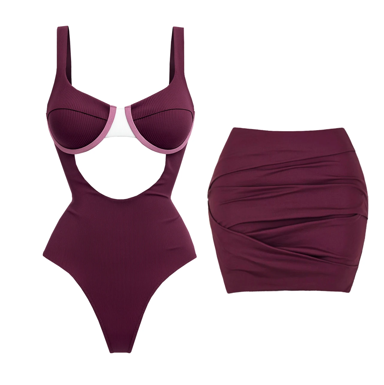 

2026 New Sexy Cut Out Women One Piece Swimsuit With Short Skirt Set Fashion Color Block Lady Sliming Swimwear Female Pool Wear