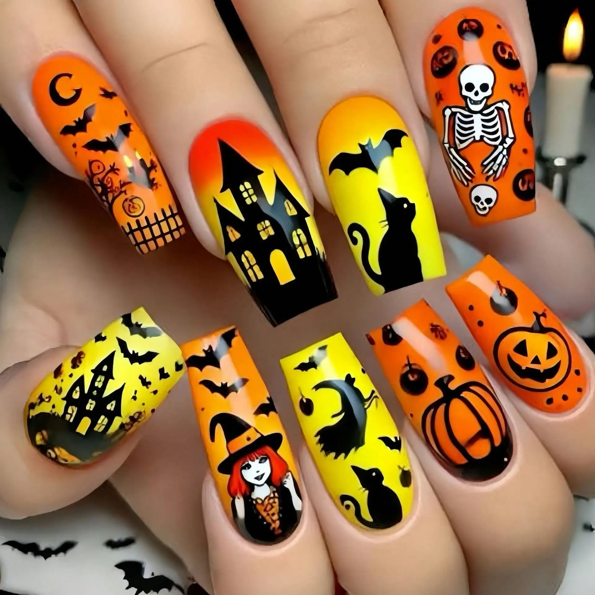 

Jelly Glue + Rubber StripHalloween Medium-Length European Square Nail Art Stickers With Halloween Pumpkin, Bat, Ghost, And Skull