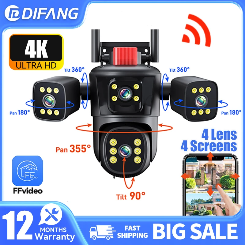 

Уличная Wi-Fi PTZ-камера видеонаблюдения DIFANG 8K с 4 объективами, 4 экранами, ИИ-отслеживанием человека, аудиовизуальными сигнализациями и круглосуточной записью 24/7