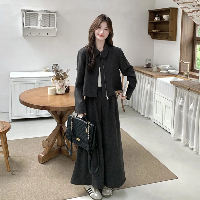 

Autumn 2025 New Commute Two Piece Set Women's Loose Temperament Lapel Collar Cardigan+High Waist Wide Leg Pants Solid Set