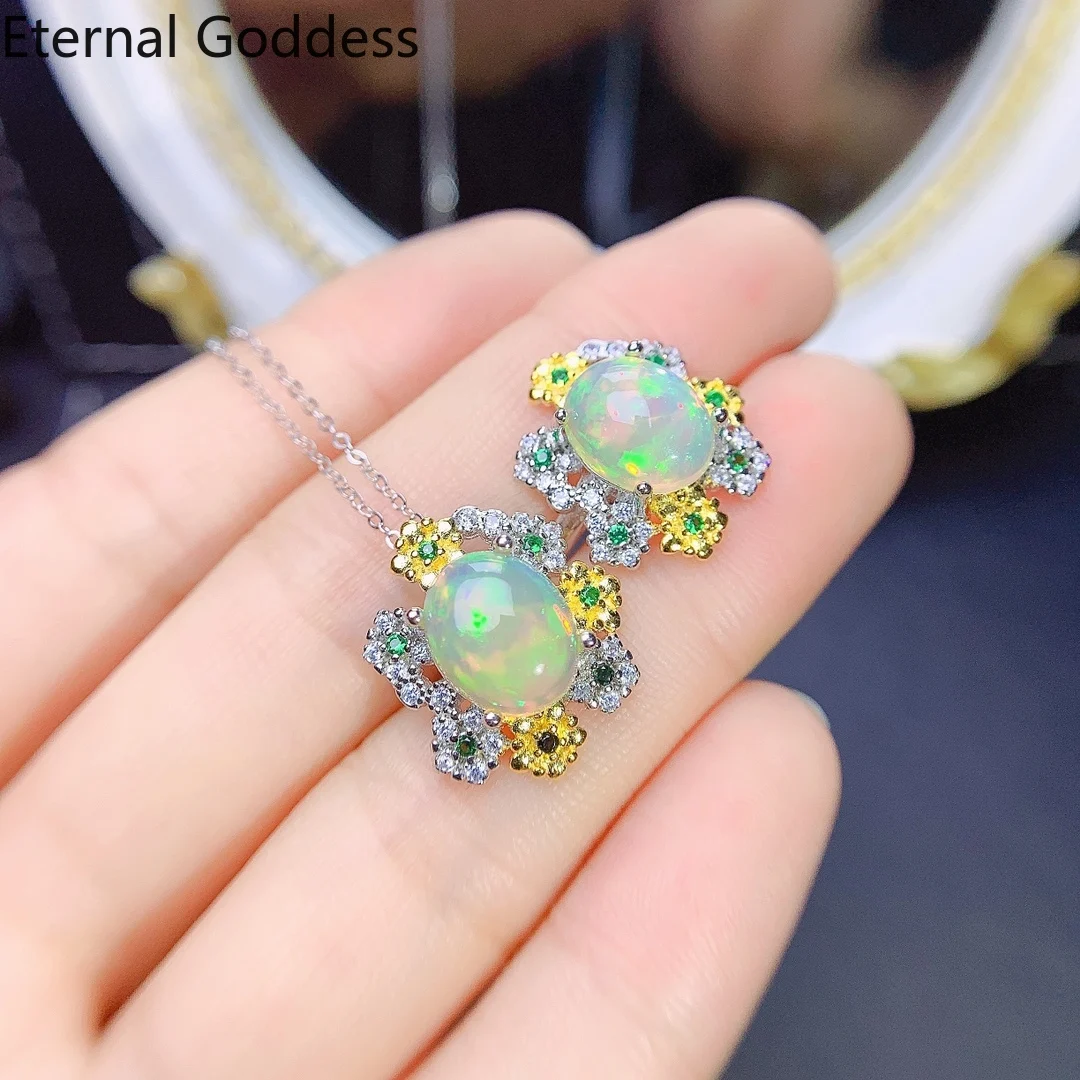 4*6mm Natural Opal Necklace Ring 925 Jewelry Set Party Real Silver Wedding Birthday Gift Luxury Jewelry Free Shipping