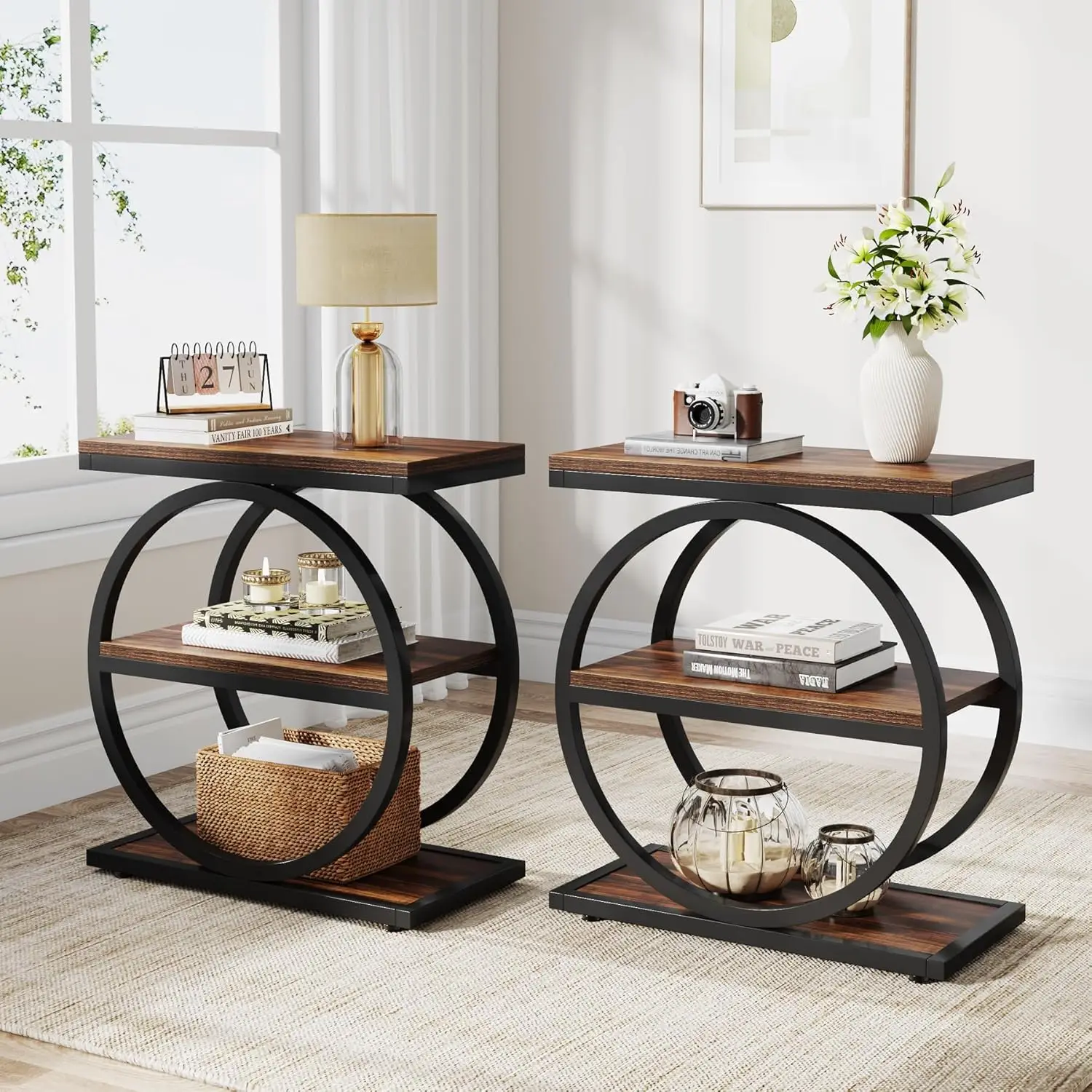 End Table Set of 2, Narrow End Table with 3 Storage Shelves, Wooden Side Table Industrial Small