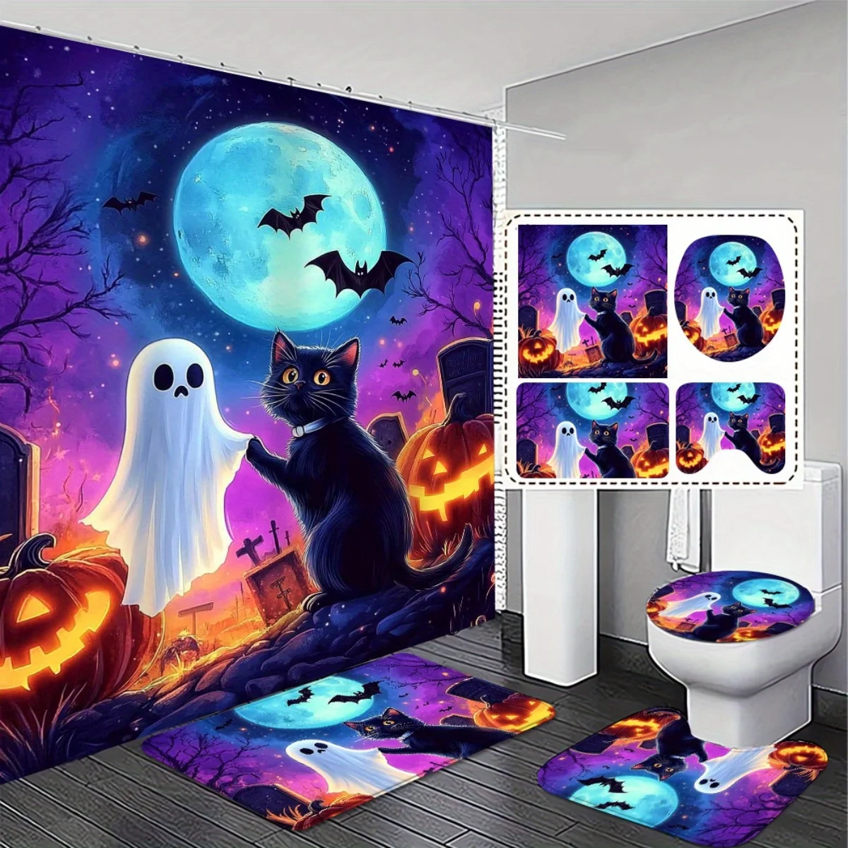 

4pcs set. Halloween Gift Bathroom Decor Shower Curtain Set with Non-Slip Mat Soft Comfortable Bath Rug Pad for Home Use