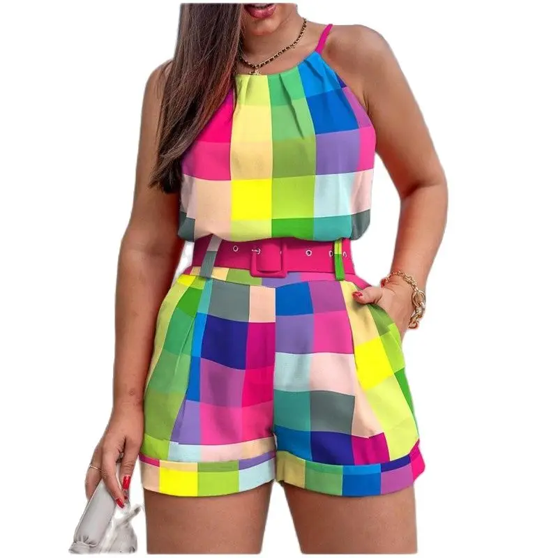 Girl Sexy Strap Tank +Shorts Two Piece Set 2023 Summer Print Fashion Women\'s Combination Suit S-XXXL