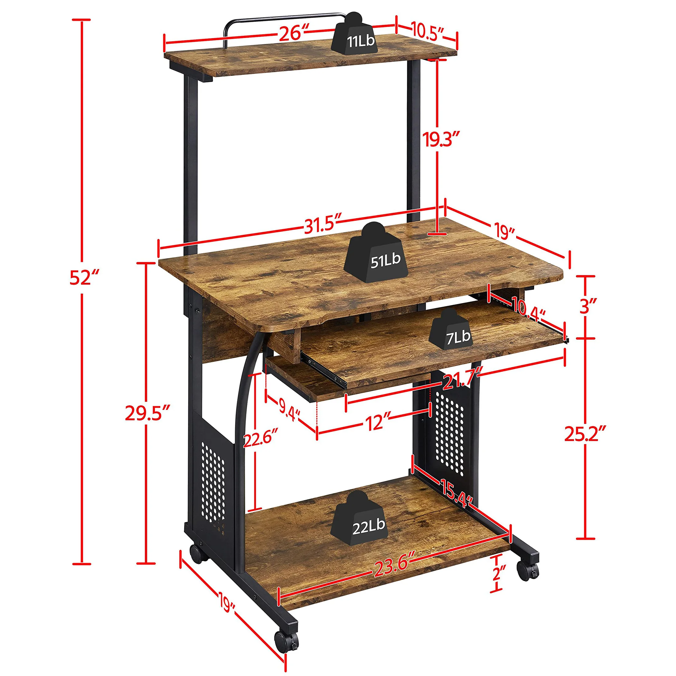 Mobile Computer Desk With Hutch And Keyboard Tray, Rolling Workstation With Shelves For Home Office, Space Saving Study Table For Small Spaces, IC Brown