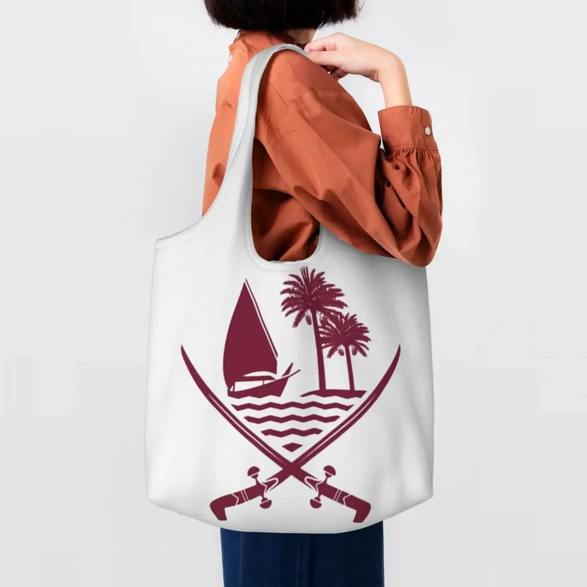 Custom Cute Printing Emblem Of Qatar Tote Shopping Bags Portable Canvas Shoulder Shopper Photography Handbags