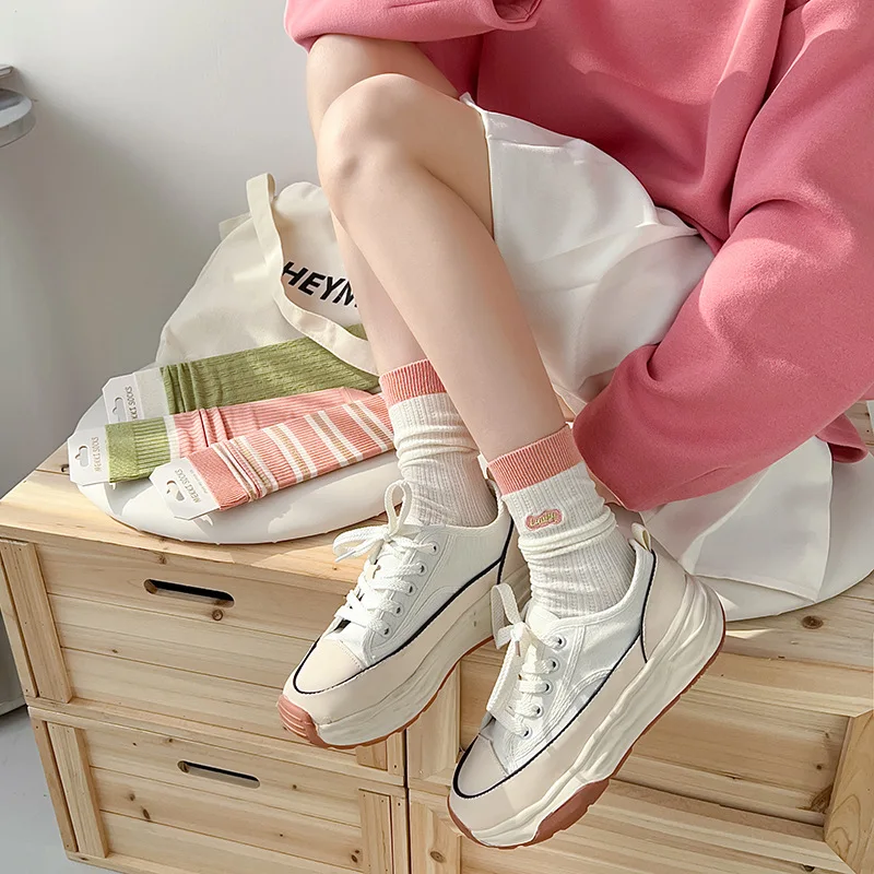 New Spring and Summer Women's Socks Pink Letter Embroidery Striped Women's Double Stitch Cotton Socks for Women