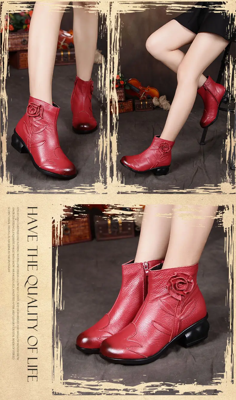 Neue Handgemachte Rindsleder Boot Damen Vintage Hohl Schuhe Frau Original Marke Stiefeletten Frauen Herbst Niedrigen Ferse Pelz Booties – Detail 9