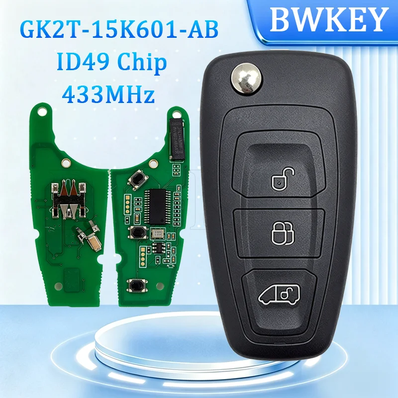 BW GK2T-15K601-AB 3 Buttons Flip Remote Key Fob 433MHz HITAG Pro ID49 PCF7945F Chip For Ford Transit Tourneo Custom 2016-2020