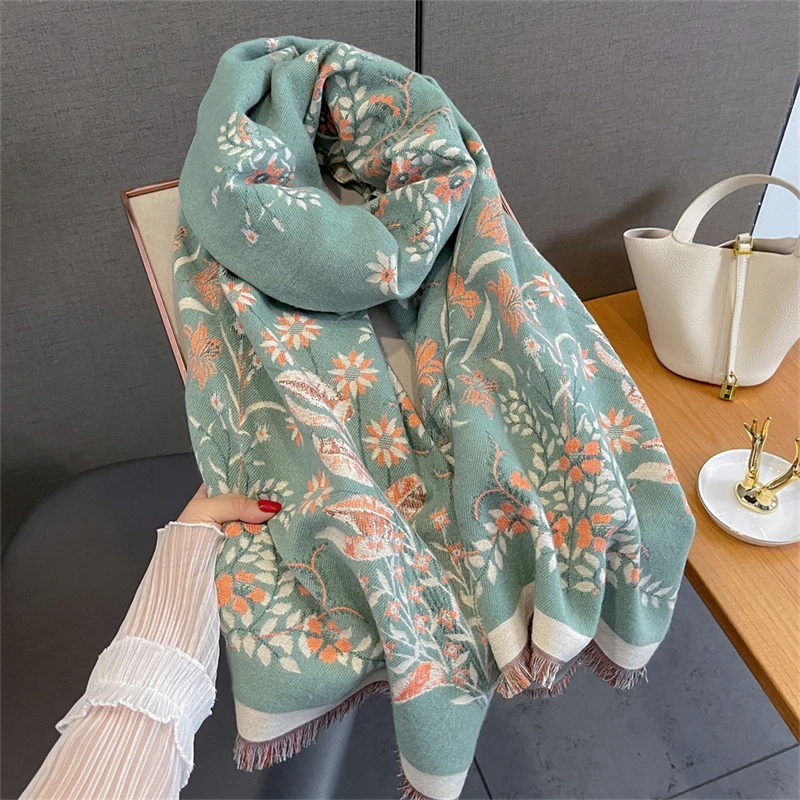 

2024, роскошный дизайн, кашемировые шарфы с цветочным принтом, осень-зима, высокое качество, женская утепленная шаль, женский шерстяной шарф из пашмины, женский