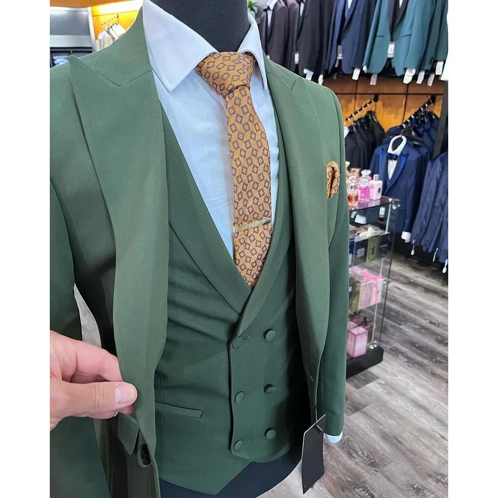 Formal Green Men Suits One Button Slim Fit Flat Front 3 Piece Jacket Pants Vest Blazer Custom Wedding Male Clothing Outfits