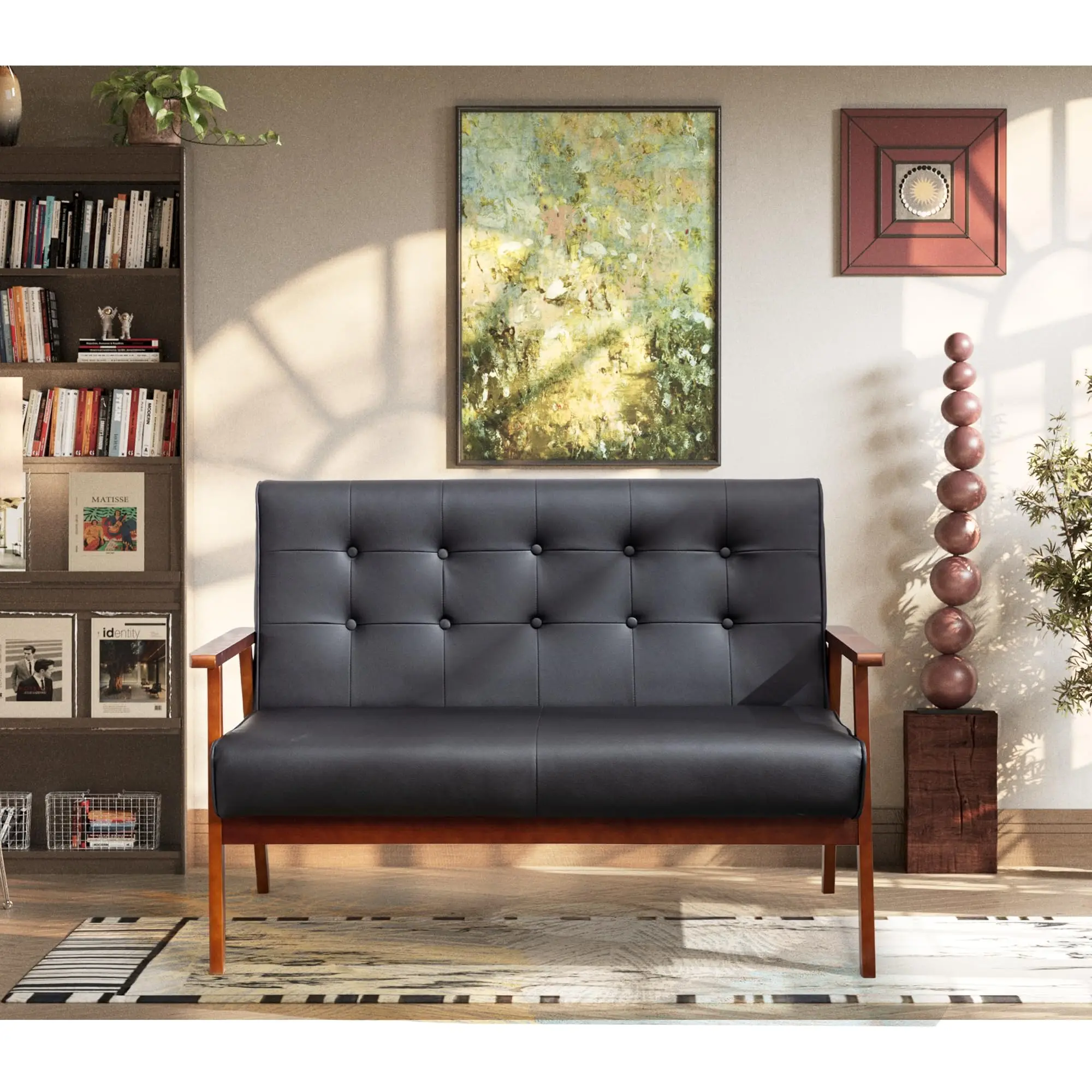 Black Small Leather Couch, 2 Seater Loveseat with Wooden Armrest | , Waiting Room Bench, Mid Century Modern, Living