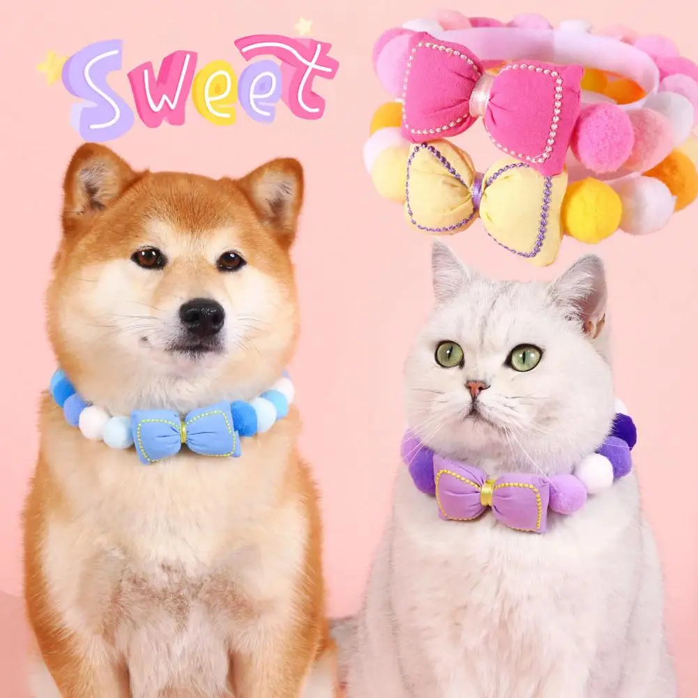 Colorful Pet Collar Elegant Pet Collar with Fur Ball Bows Fashionable Cat Dog Necklace for Christmas Photo Props Soft Stylish