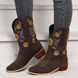 2022 Autumn New Women Shoes Fashion Embroidery Flower Pointed Toe Mid Calf Boots Chunky Heels Western Cowboy Boots Botas Mujer