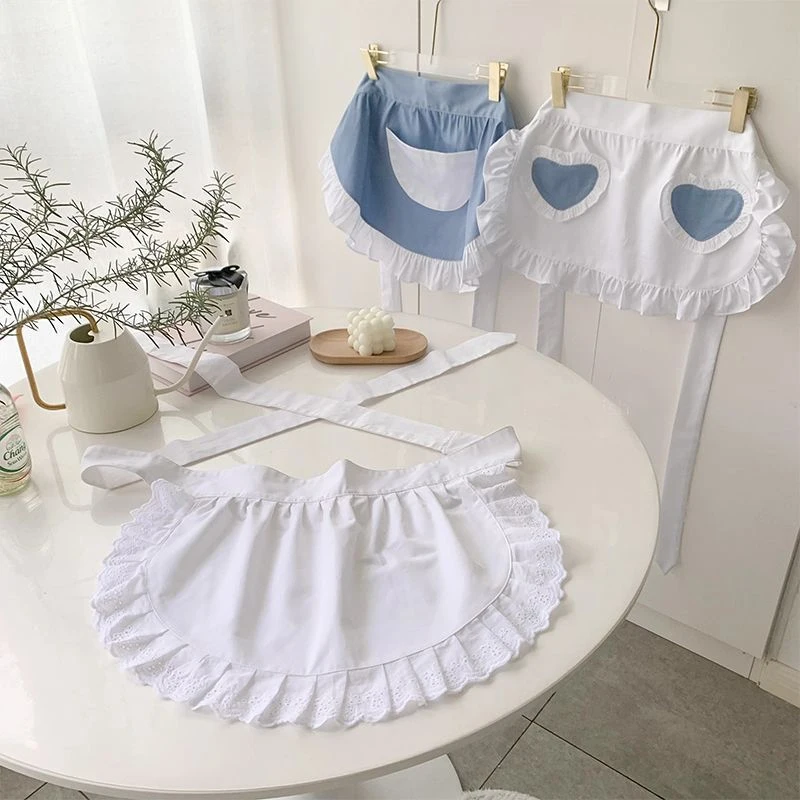 /Vly/Woman Half Waist Cooking Kitchen Apron Short Lolita Maid Sexy Lace Black White Bib Beauty Flower Coffee Shop Pinafore Home