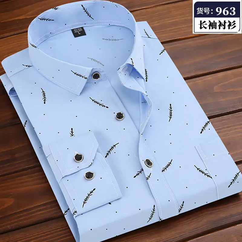 2024 Summer Men Long Sleeve Business Shirt Solid Color Printed Front Patch Chest Pocket Regular-fit Work Shirt Casual Shirt