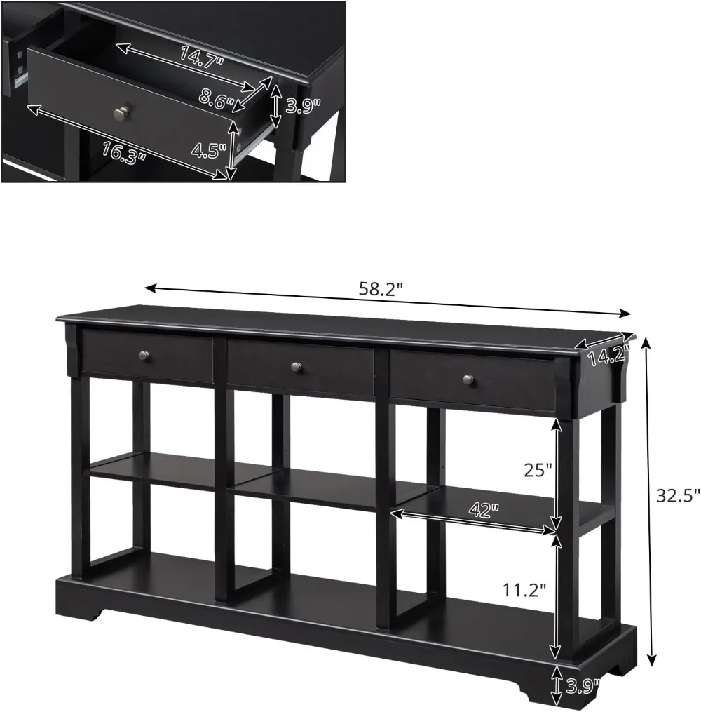 Console Table with 3 Drawers, Entryway Desk Sofa Side Table with 6 Bottom Cube Storage Shelves, Vintage TV Stand for Hallway