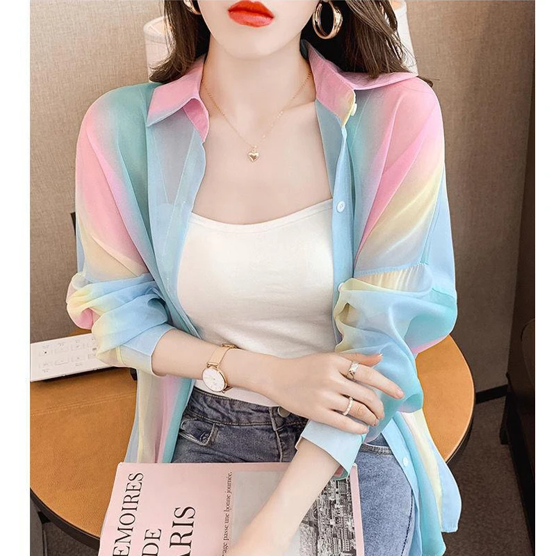 Summer Colorful Shiny Sunscreen Clothing Chiffon Shirt Patchwork Casual Tops Popular Blouse Thin Jacket Trend Loose Street Party