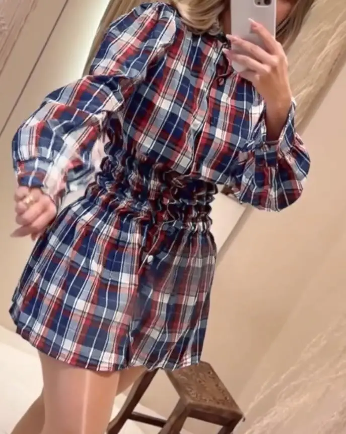 Feminino elegante uma linha vestidos femininos xadrez impressão turn-down colarinho botão para baixo shirred cintura camisa vestido mulher vestido casual