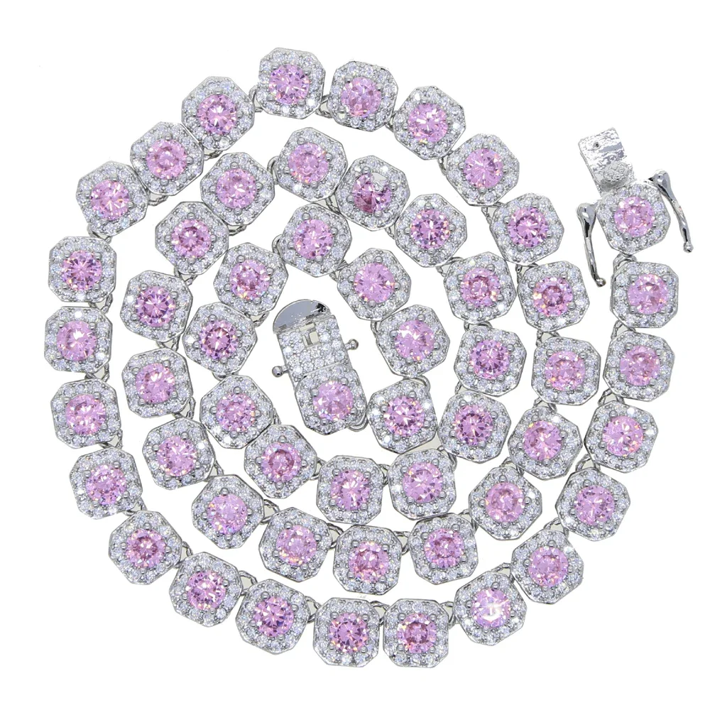 New Arrived Pink Pinky Girl Women Jewelry Iced Out Bling Square 5A Cubic Zirconia CZ Cluster Pink White Tennis Necklace