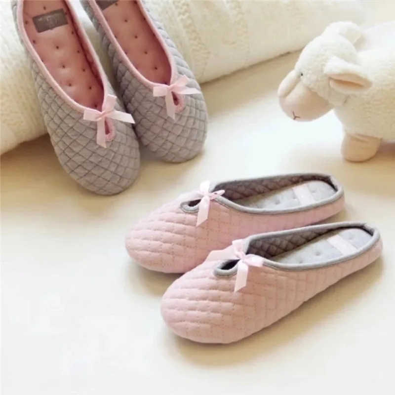 Lovely Bowtie Winter Women Home Slippers For Indoor Bedroom House Soft Bottom Cotton Warm Shoes Adult Guests Flats