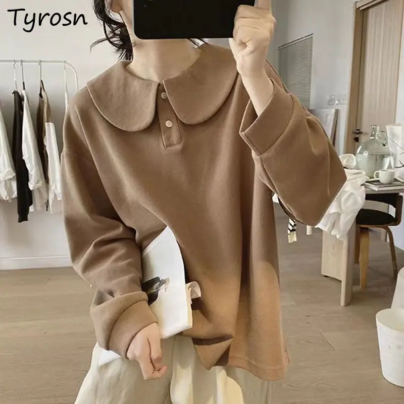 

Sweatshirts Women Design Loose Fashion Simple All-match Tender Peter Pan Collar Spring Students Preppy Korean Style Solid Cozy