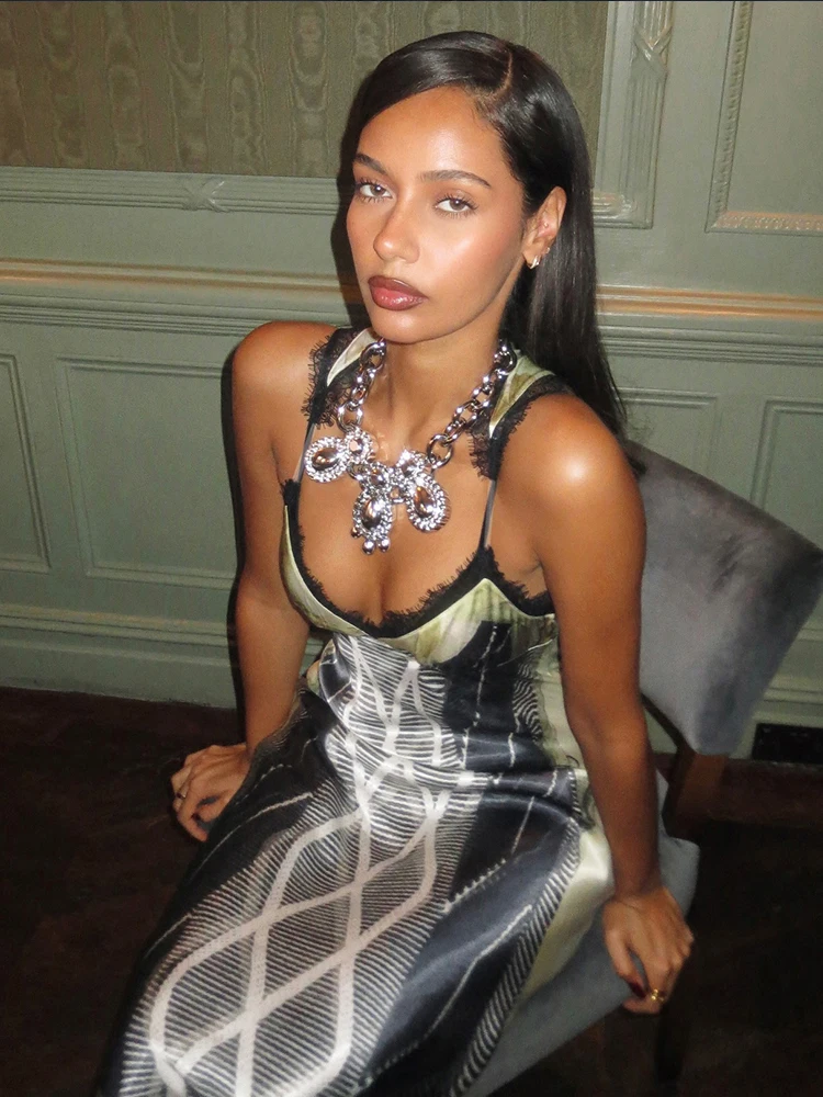 Nibber Stretch-Kleid für Damen, Streifendruck, Schlinge, Spitze, Patchwork, tiefer Ausschnitt, ärmellos, dünn, Straße, sexy, modischer Stil, lang, figurbetont