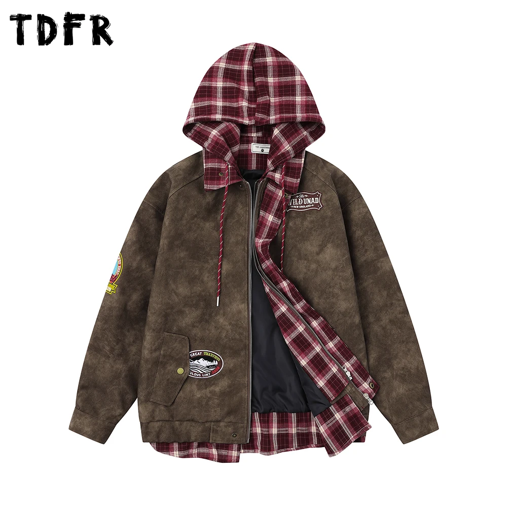 

Retro Letter Embroidery Fake two-piece Jacket Mens Autumn Winter Casual Loose Lapel Long Sleeve Hooded PU Leather Jacket Man