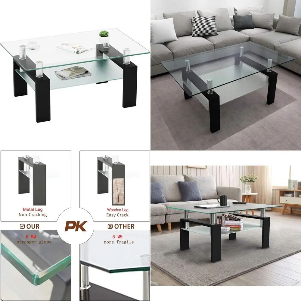 طاولة قهوة زجاجية مستطيلة بأرجل معدنية لغرفة المعيشة، طاولة نهاية أنيقة ومتينة باللون الأسود