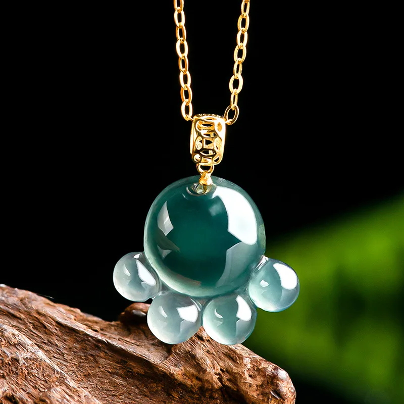 Natural Real Emerald Blue Water Jade Cat's Paw Pendant Necklace Carved Jadeite Jewelry Fashion Amulet Gifts Certificate Women