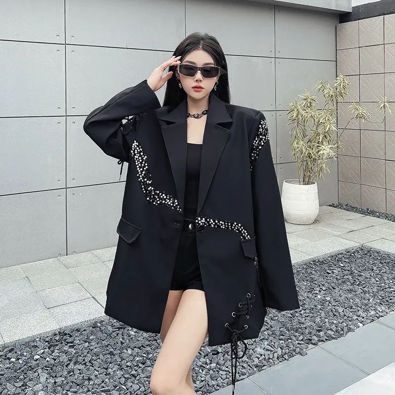 Patchwork Sequin Blazer For Women Design Padded Shoulders Spring Autumn New Trend Gothic Black Jacket Korean Drawstring Loose