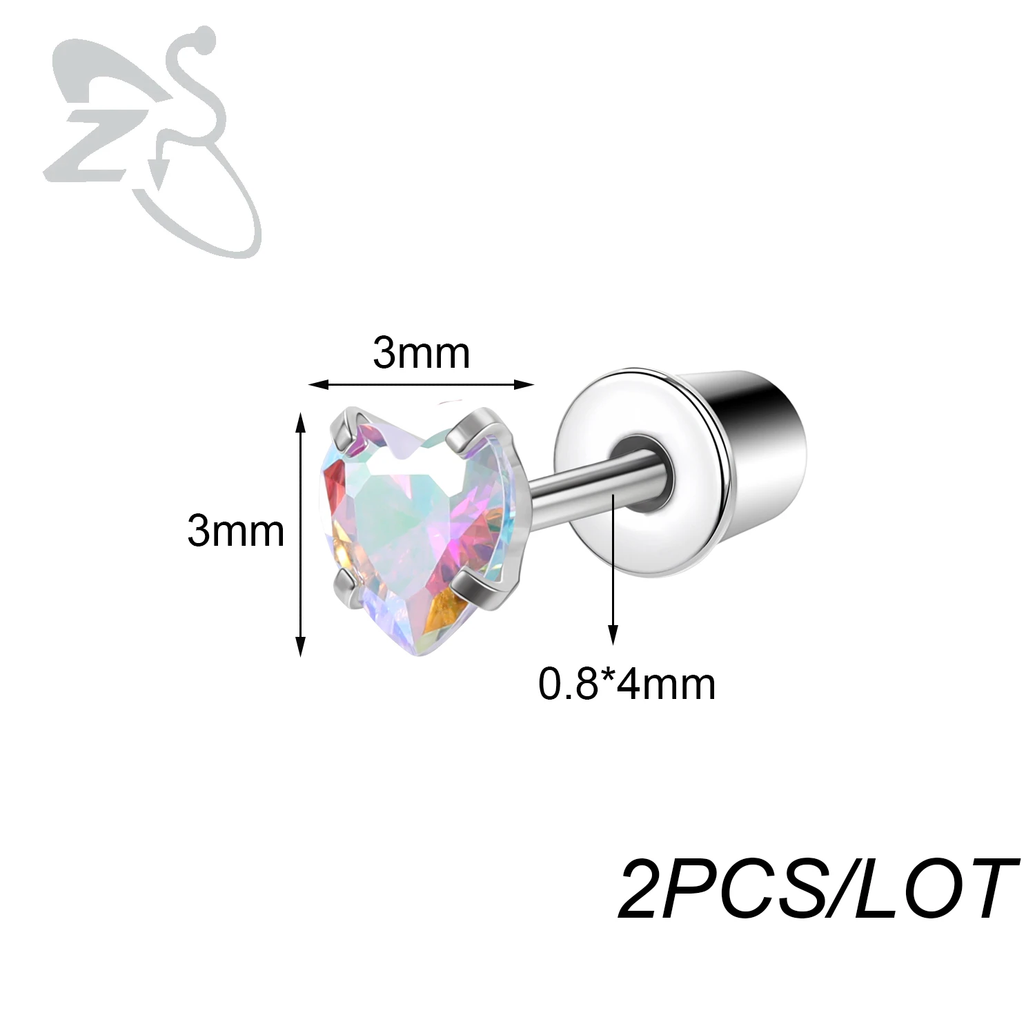 ZS 2pcs/lot Stainless Steel Stud Earring for Women Silver Color Ear Stud Star Moon Heart Simple Ear Helix Cartilage Piercing 20G