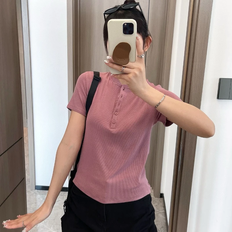 

2025 Summer New Button Short Sleeve Henley Shirt Solid Color Slim Fit Round Neck T-shirt Round Neck Leisure Slimming Pullover