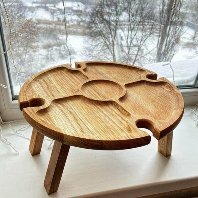 Mesa de piquenique dobrável ao ar livre de madeira com suporte de vidro Mesa dobrável redonda Cremalheira de vidro de vinho Mesa dobrável para festa