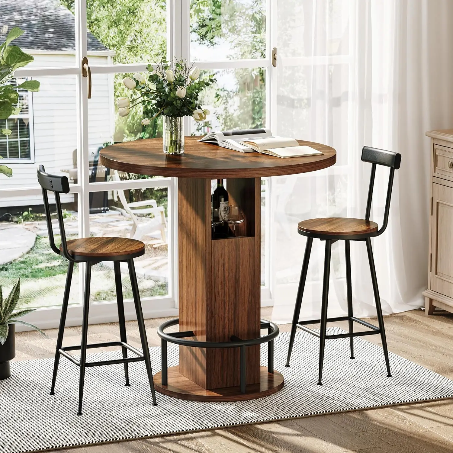 3-Piece Round Bar Table Set, Rustic Wooden Pub Table with 2 Chairs Industrial Bistro Dining Table Set with Footrest & Storage for Cafes, Bars, Dining, Living Room, Small Space,Walnut Brown