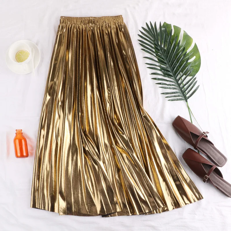 New In Spring Fall Korean Style Fashion Elegant Metallic Reflective A-line Pleated Skirt Female Office Lady Casual Midi Skirts