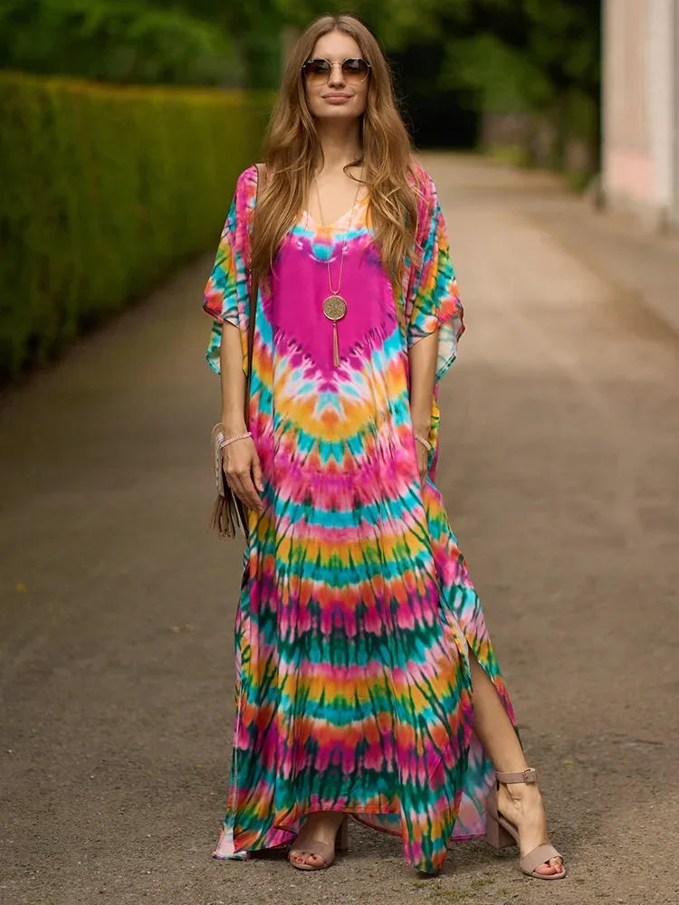 2025 新しいタイダイビーチカバーアップ女性ローブプリント V ネックシックなプラスサイズビーチロングドレス夏のファッション水着カバーアップ