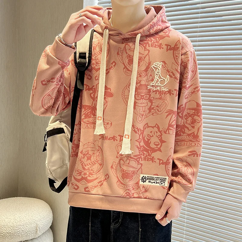 

Spring Autumn Men's Cartoon Bandage Printed Hooded Drawstring Long Sleeve T-shirt Sports Hoodies Loose Casual Vintage Tops