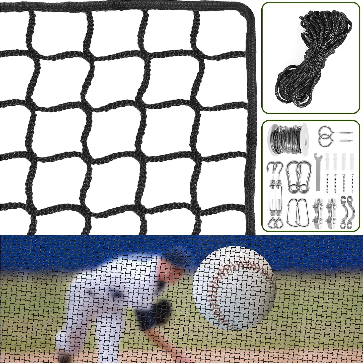 

Heavy Duty Nylon Batting Cage Net with 33FT Rope & Hanging Kit, Multiple Sizes for Backyard Indoor Outdoor Practice