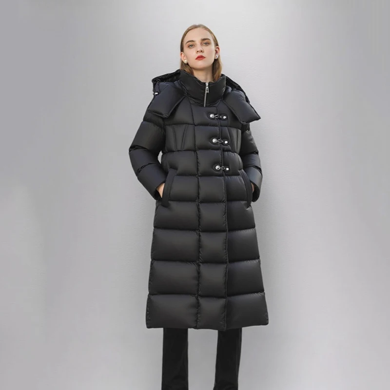 

Winter High End Puff Long Hooded Down Jacket Women White Duck Down Knee Length Jackets Female Warm Thick Solid Parker Outwears