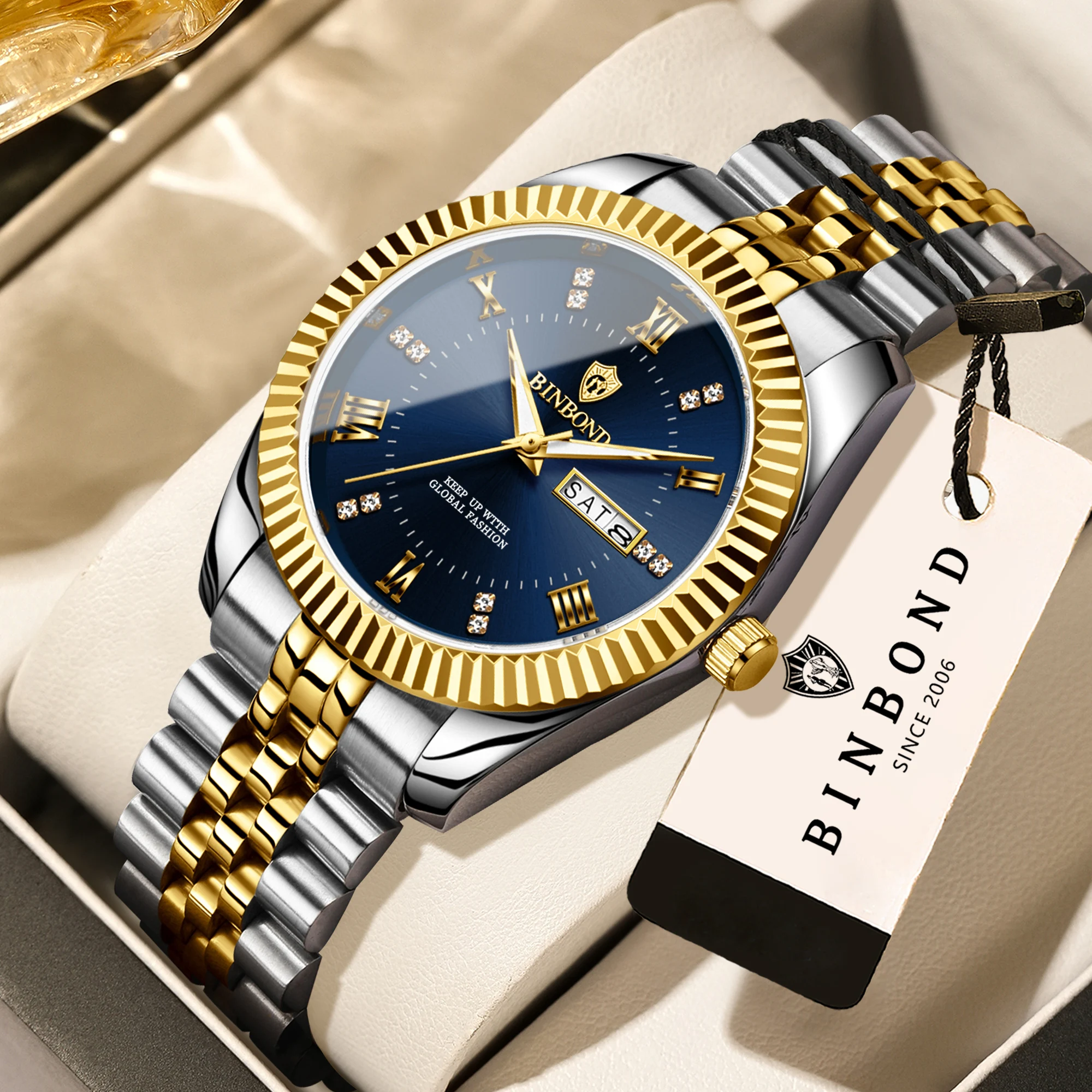 

Мужские часы BINBOND: роскошные, кварцевые, водонепроницаемые, светящиеся, со стальным браслетом, для бизнеса и повседневной носки, модные спортивные часы.
