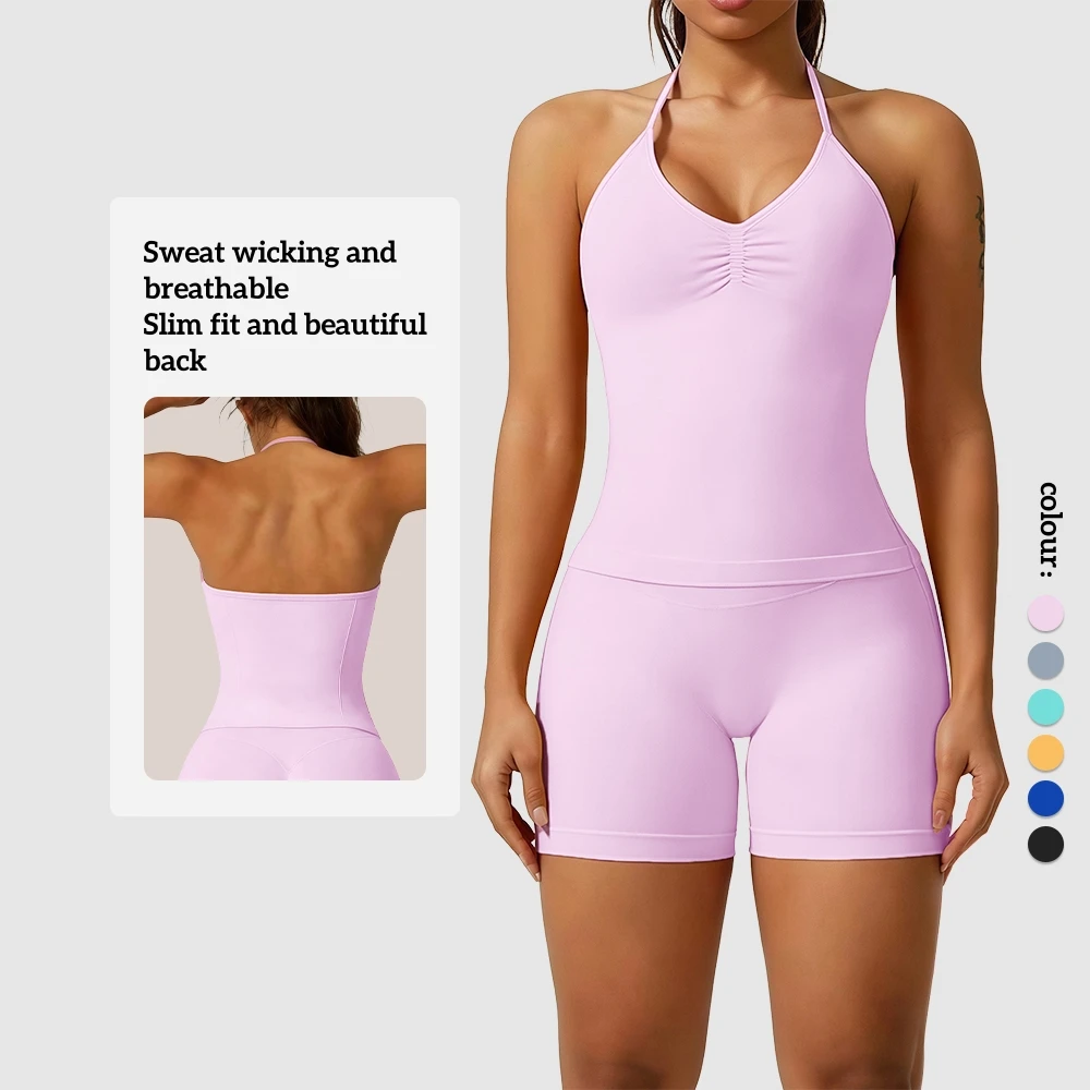 Sport-BH-Yoga-Anzug-Set mit hängendem Hals, integrierte Fitnessweste, pfirsichfarbene Hüft-Fitness-Yogahose mit hoher Taille